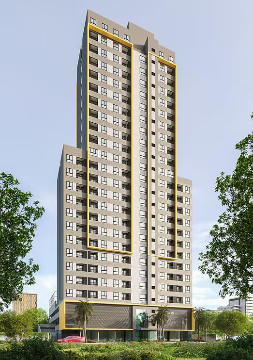 Perspectiva da fachada da torre única de 79 metros