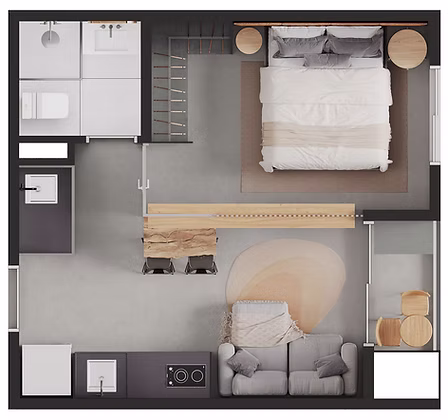 Planta do studio de 30 a 31 metros quadrados