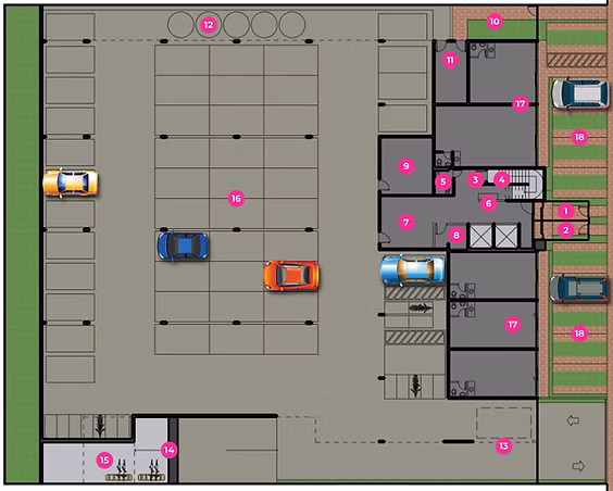 Planta do térreo com áreas comuns e lojas